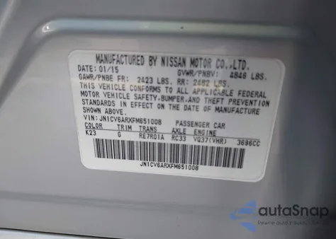 2015 Infiniti Q40 z USA, uszkodzony, nr VIN JN1CV6ARXFM651008